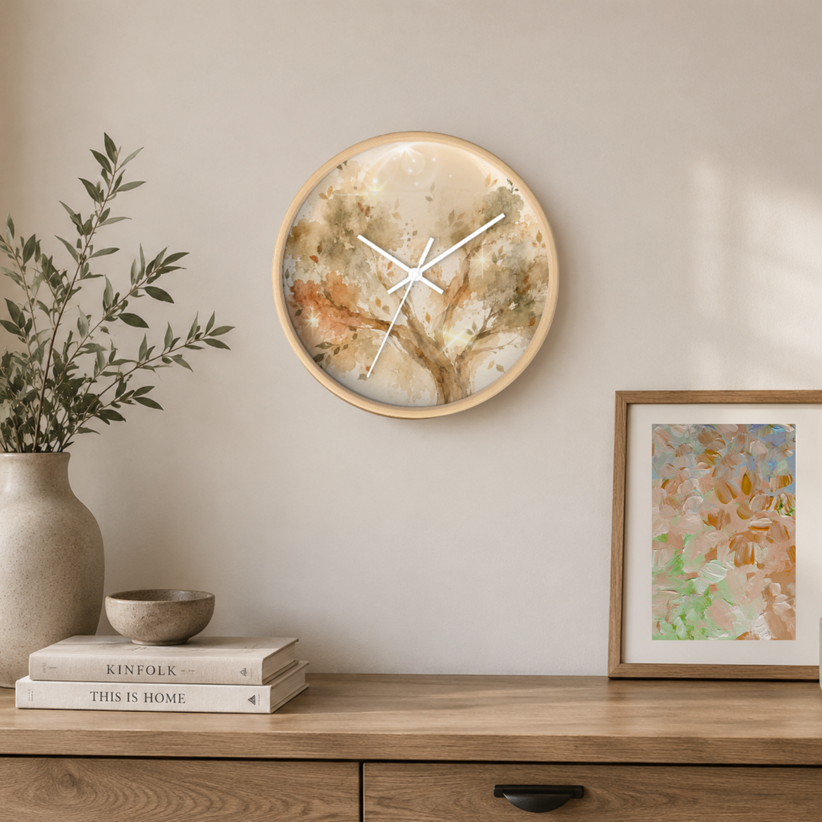 Dreamy Watercolor Tree Wall Clock – Earthy Botanical Decor