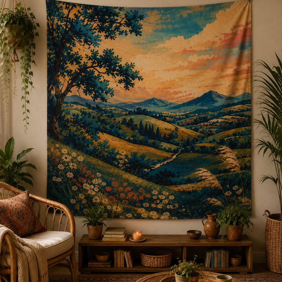 Flowery Rolling Hills Street Art Indoor Tapestry 50×60 | Landscape Wall Art