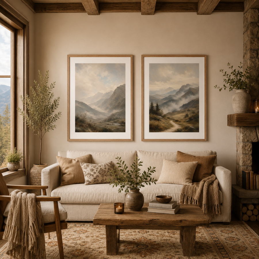 Foggy Mountains in Muted Earth Tones Framed Poster Pair | Neutral Mountain Landscape Wall Art Set