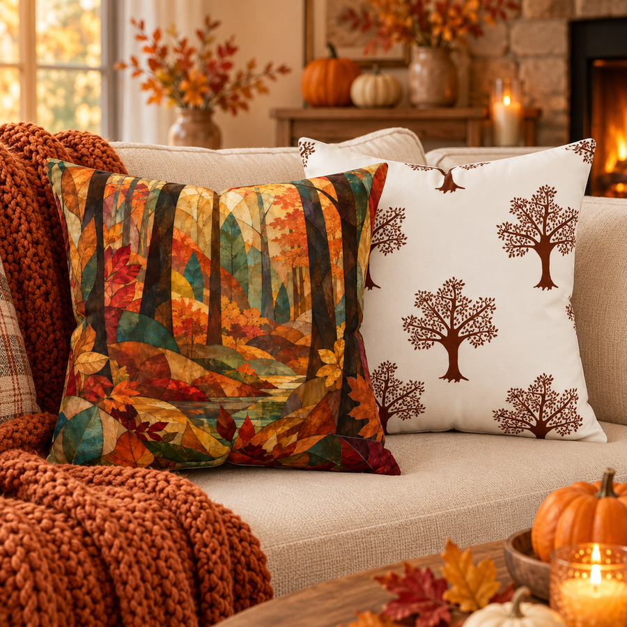 Autumn Stained Glass Forest Pillow 18×18 | Fall Decor