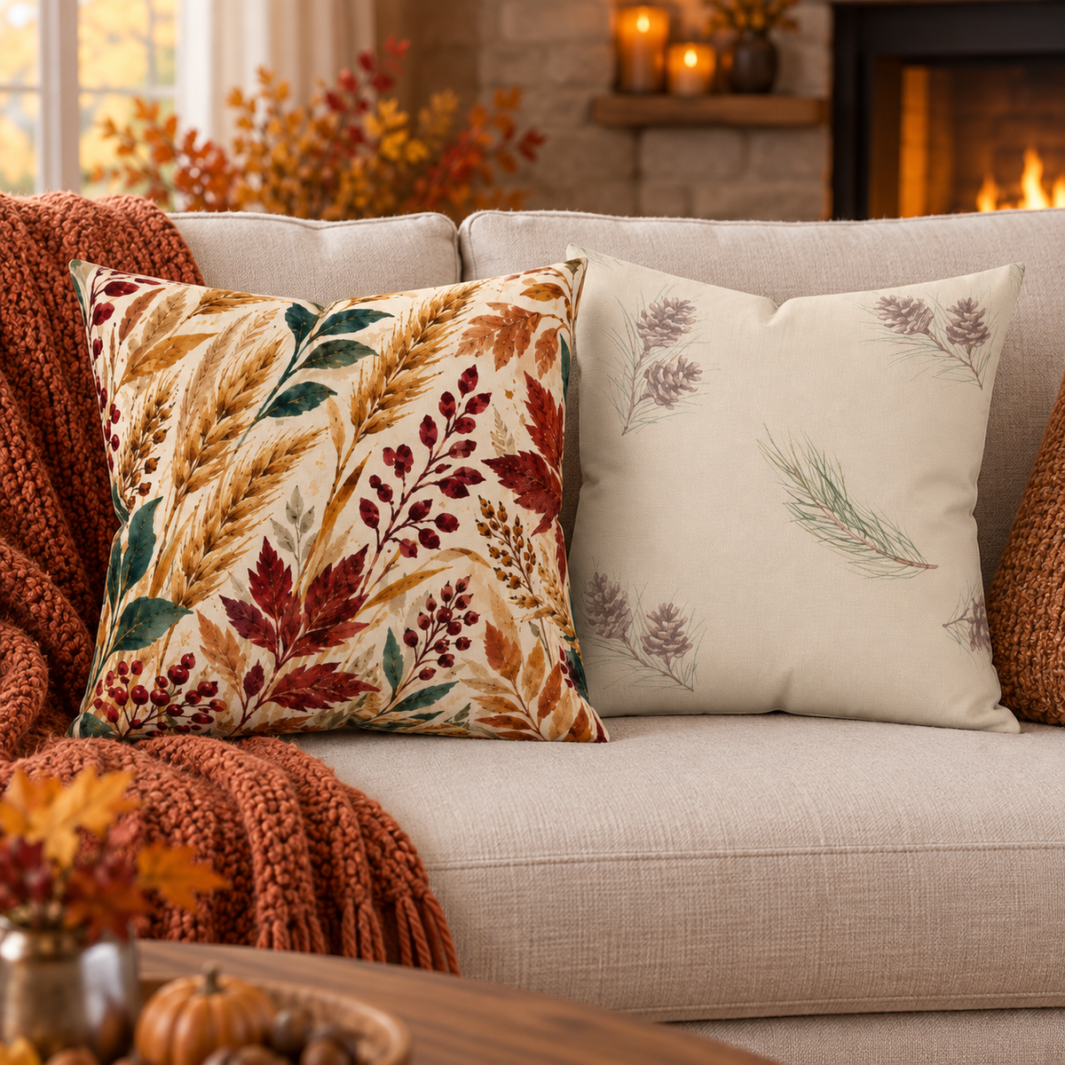 Golden Wheat Meadow Pillow 18×18 fall botanical decor mockup