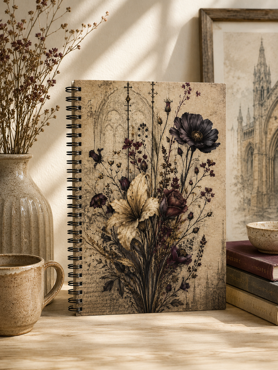 Gothic Botanical Dark Floral Spiral Notebook | Ruled Line Journal
