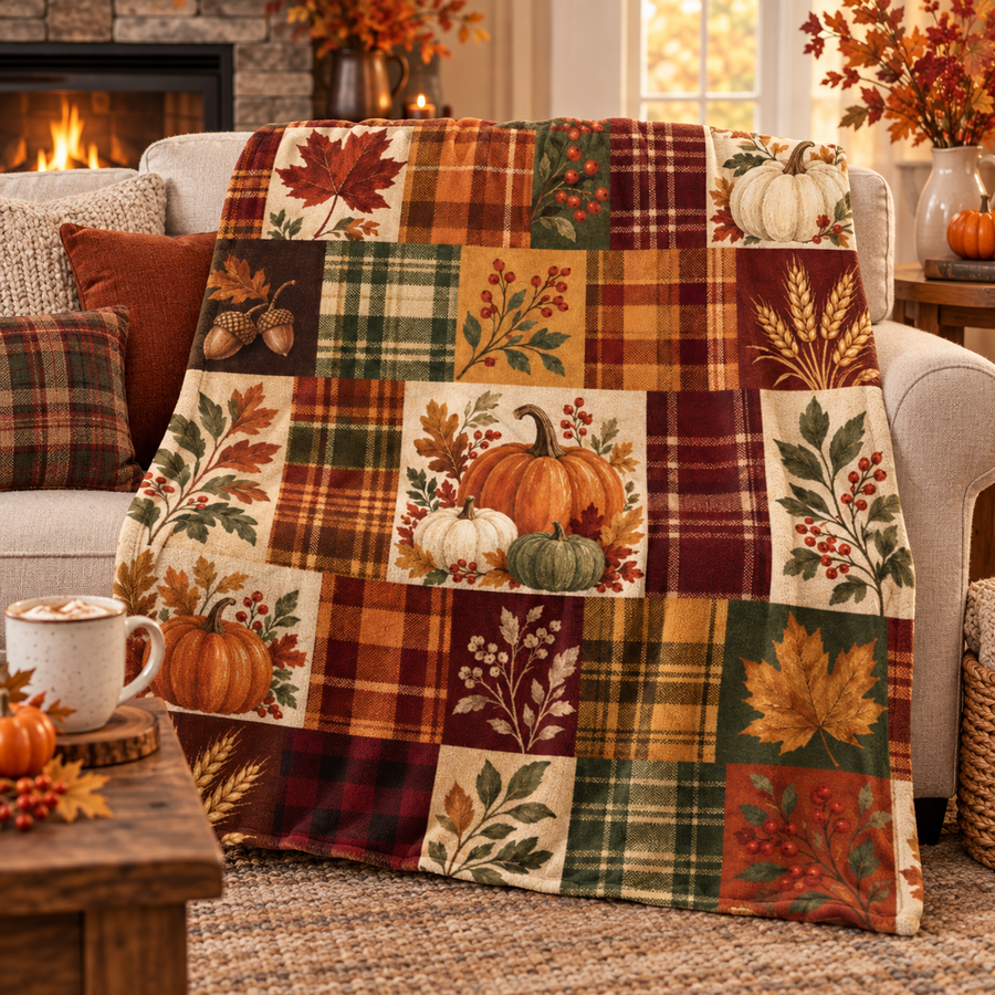 Harvest Plaid Throw Blanket 50×60 with pumpkins, leaves, berries and wheat