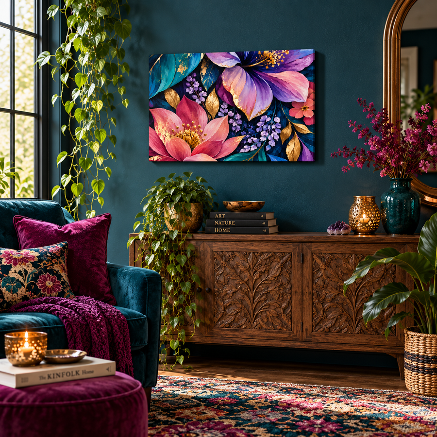 Jewel Tone Floral Canvas Print 24×18 horizontal botanical wall art mockup