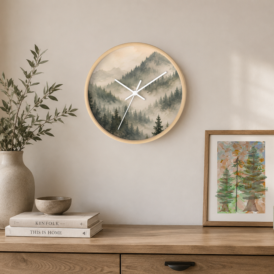 Misty Mountain Forest Wall Clock – Neutral Woodland Decor