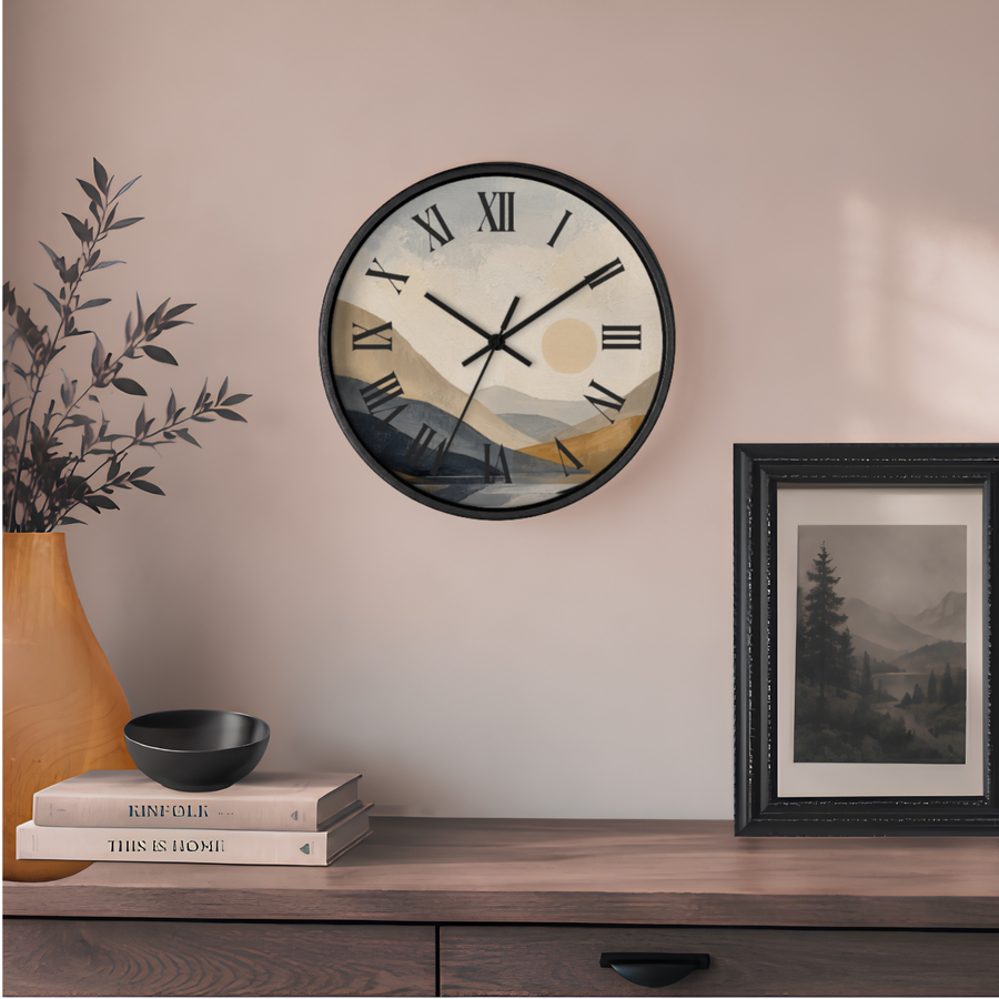 Modern Mountain Sun Wall Clock – Neutral Abstract Landscape Decor