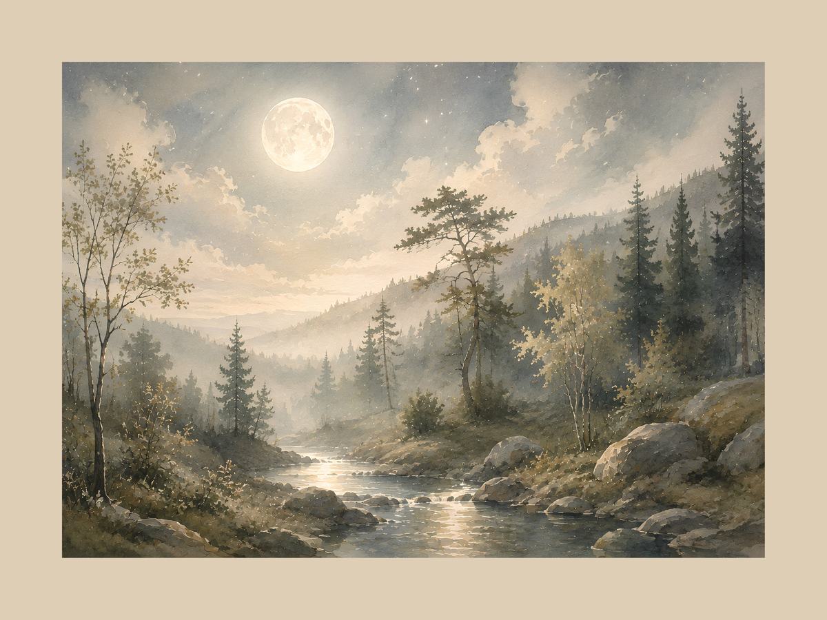 Moonlit Forest Creek Watercolor Poster