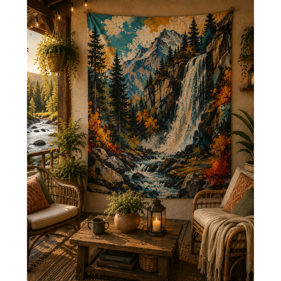 Mountain Waterfall Street Art Indoor Tapestry 50×60 | Forest Wall Art