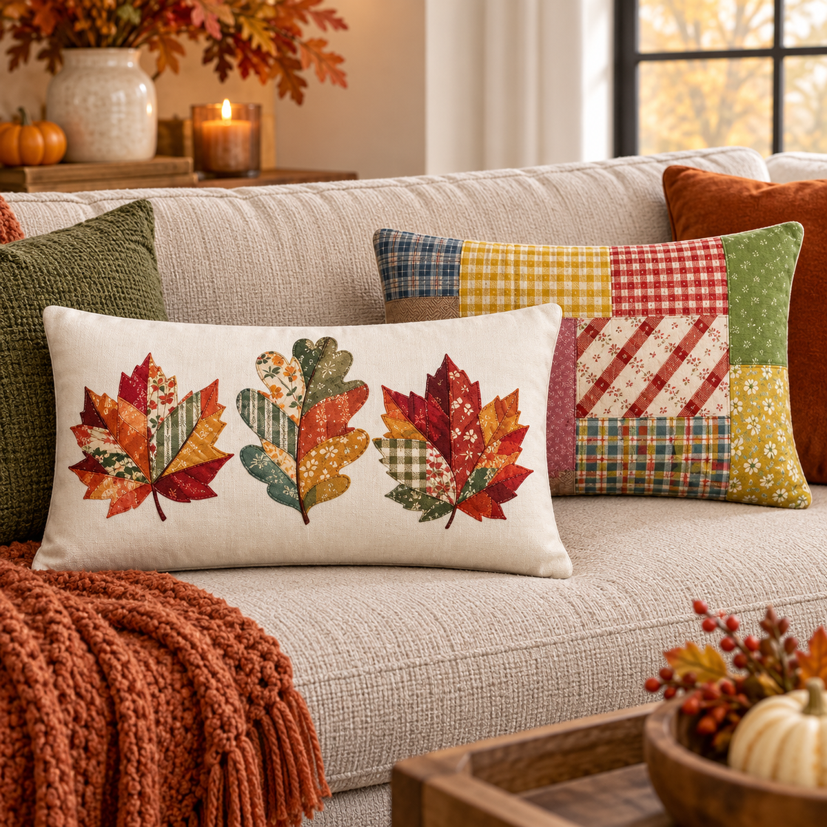 Patchwork Fall Leaves Pillow 20×12 autumn lumbar decor mockup