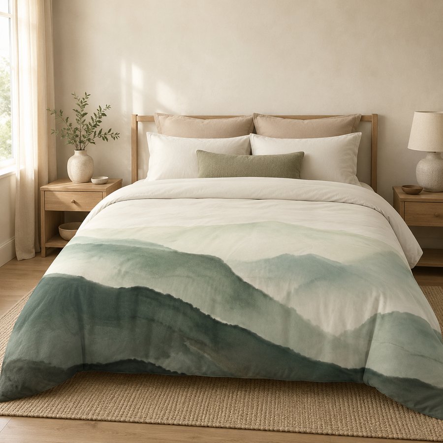 Sage Green Mountain Comforter | Minimal Watercolor Nature Comforter
