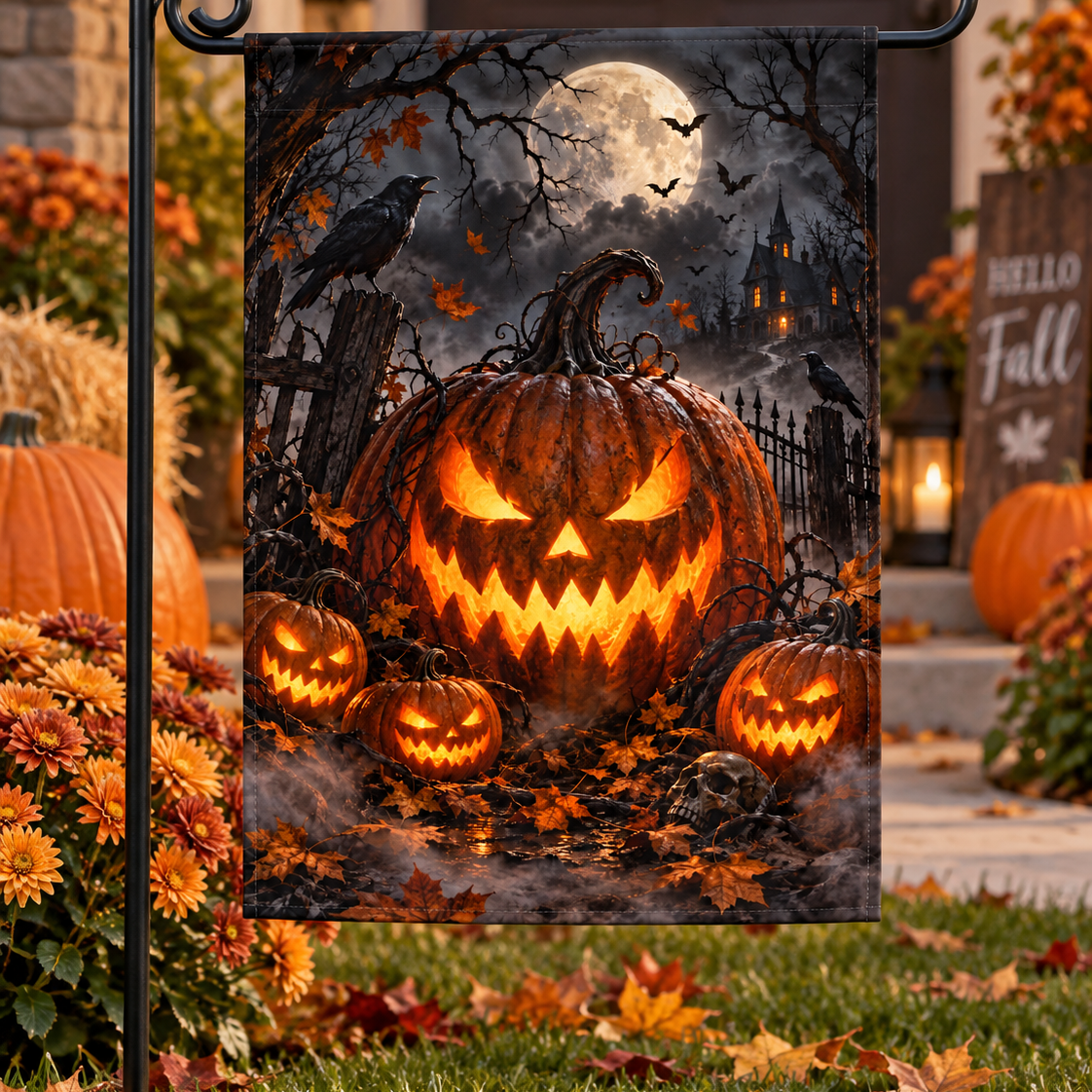 A Halloween garden flag displayed on a black metal stand in a decorated front yard. The flag features a spooky haunted pumpkin scene with a large glowing jack-o'-lantern, smaller pumpkins, crows, bare trees, and a full moon.