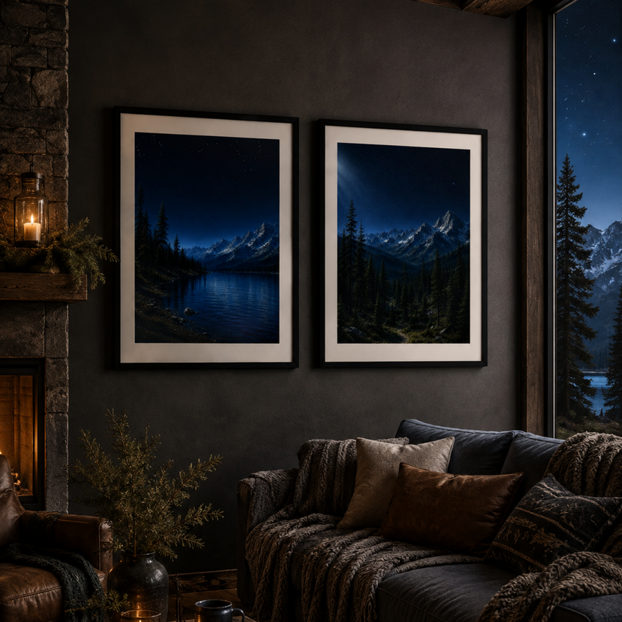 Starlit Alpine Wilderness Framed Poster Pair | Night Mountain Landscape Wall Art Set