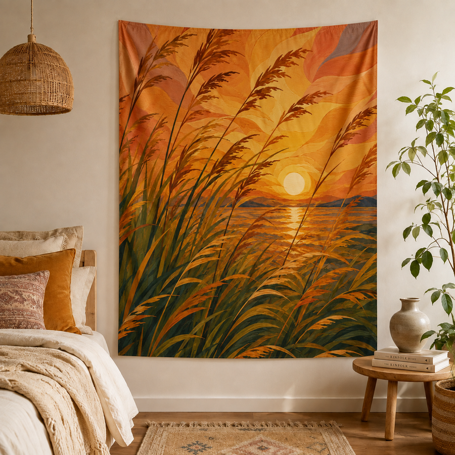 Sun Rising Through Tall Grass Indoor Tapestry 50×60 | Abstract Sunset Nature Wall Art