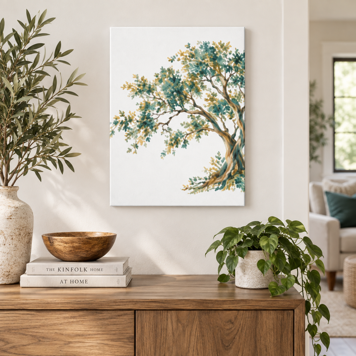 Teal and Gold Watercolor Tree Canvas Print 18×24 botanical wall art mockup