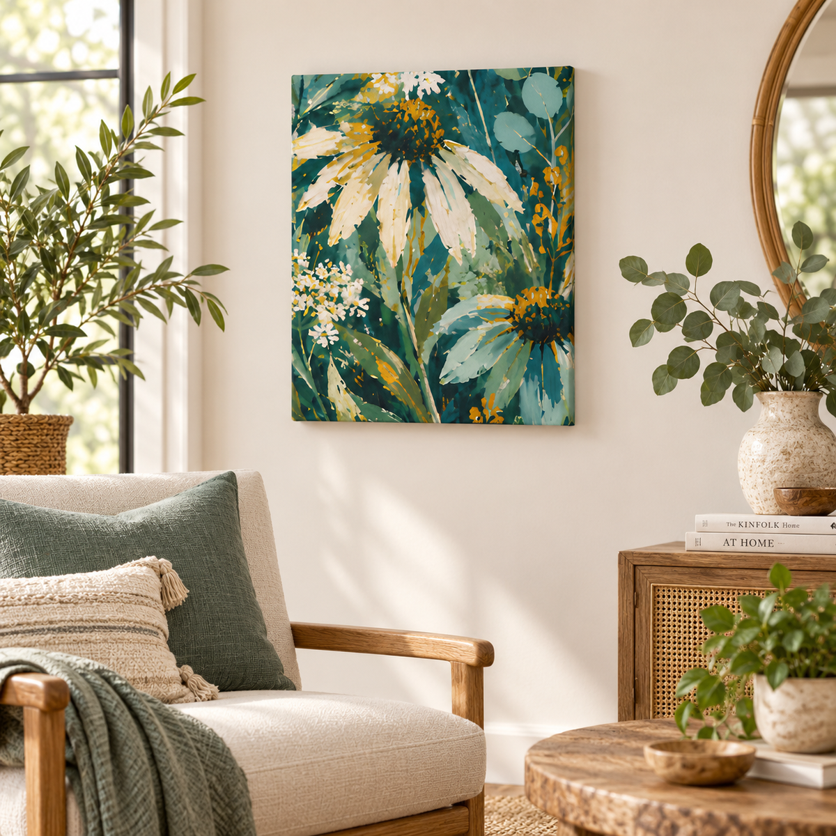 Teal and Gold Wildflower Canvas Print 16×20 botanical floral wall art mockup