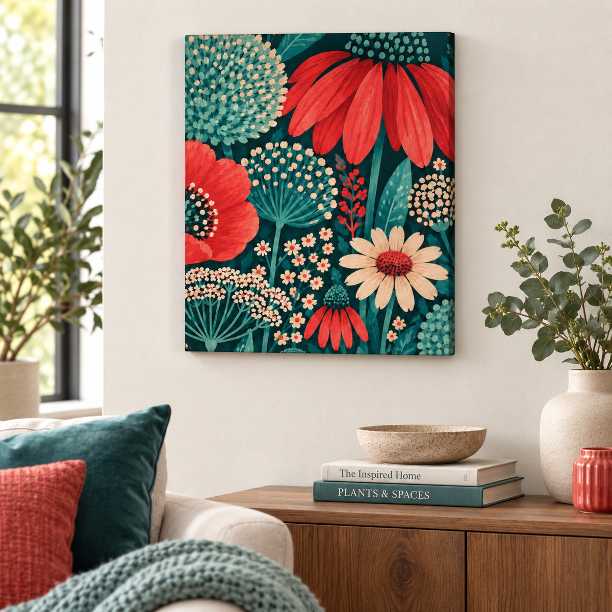 Teal and Red Wildflower Canvas 16×20 floral wall art mockup