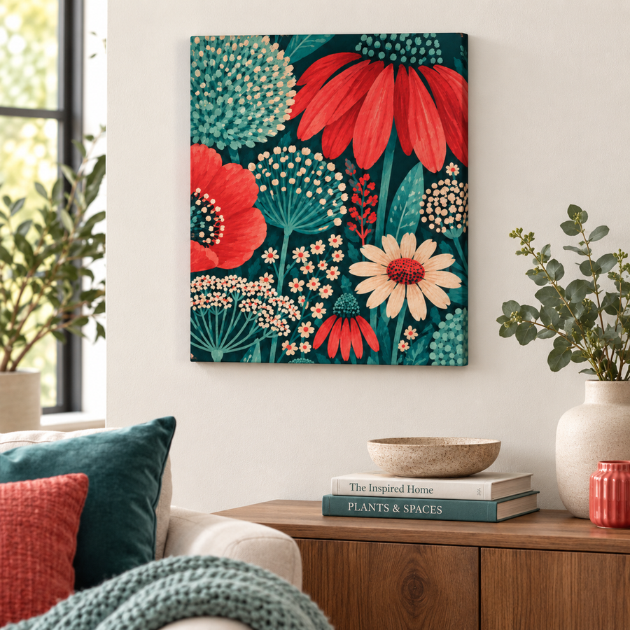 Teal and Red Wildflower Canvas 16×20 floral wall art mockup