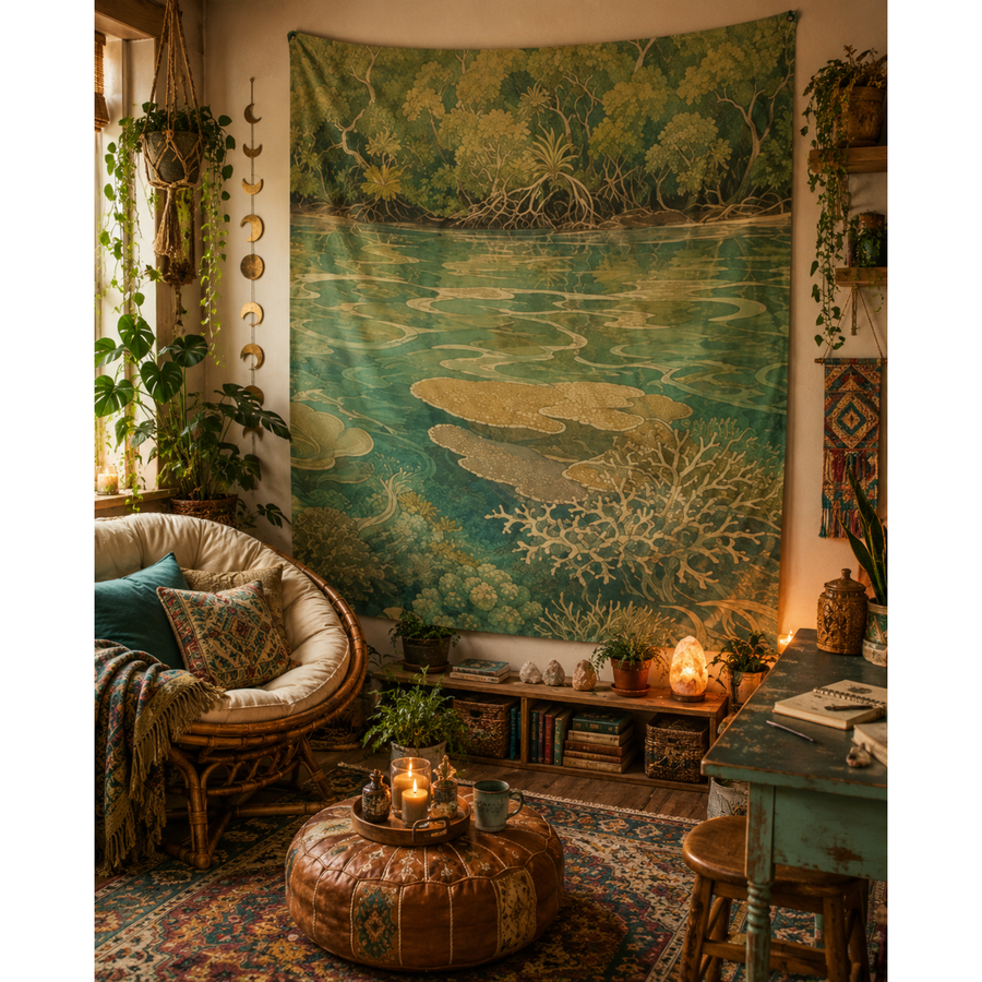 Tropical Lagoon Indoor Tapestry 60×50 | Art Nouveau Wall Decor