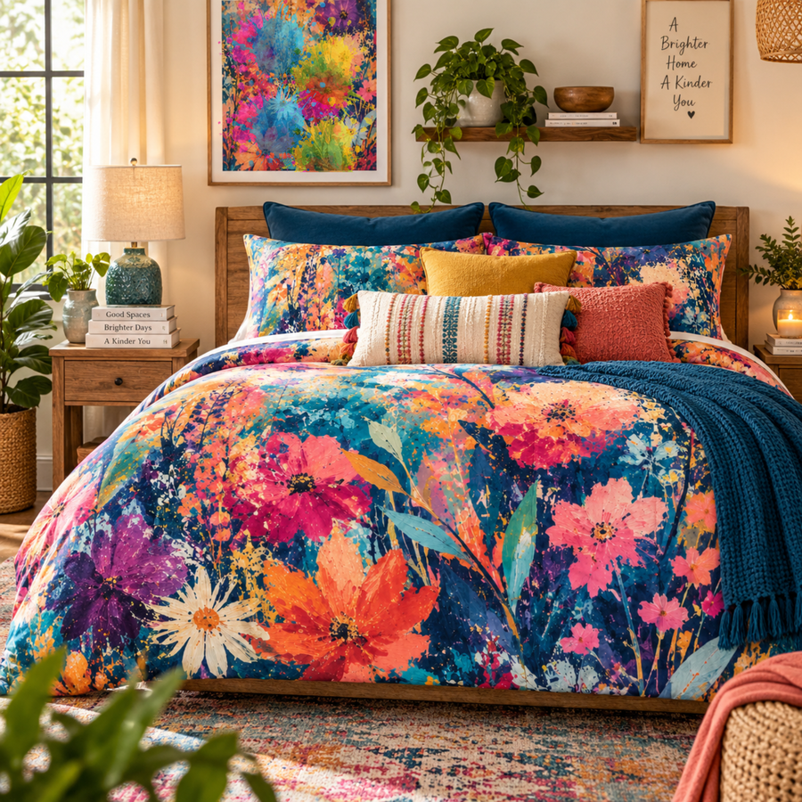 Colorful Wildflower Comforter | Abstract Botanical Floral Comforter