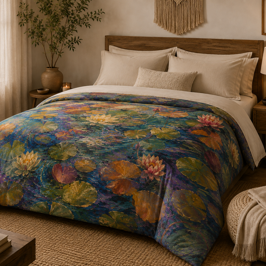 Water Lily Pond Comforter | Colorful Impressionist Botanical Comforter