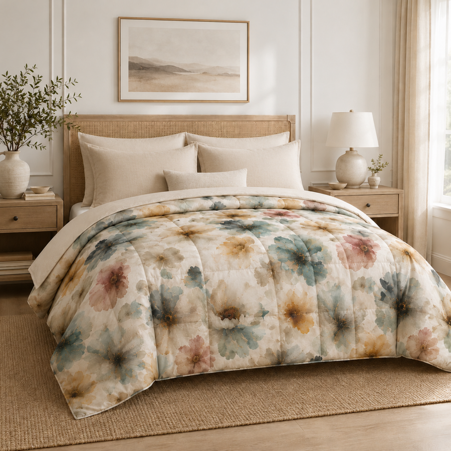 Watercolor Floral Comforter | Vintage Botanical Boho Comforter
