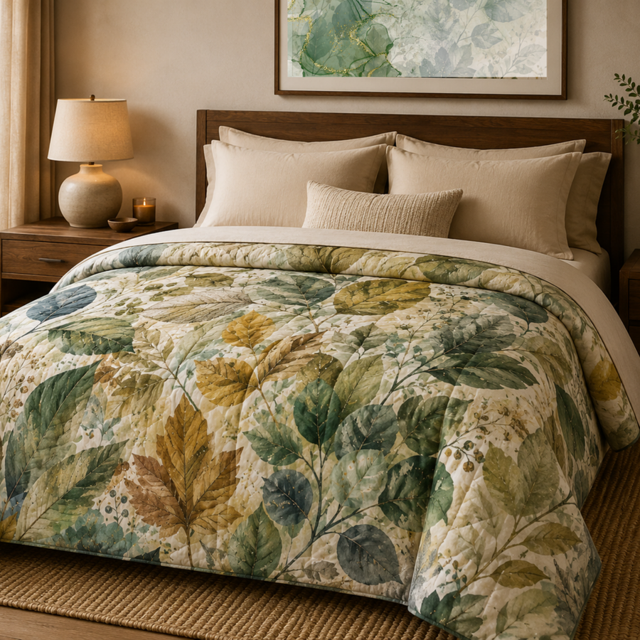 Watercolor Leaf Comforter | Botanical Bedding in Sage, Teal & Gold Comforter
