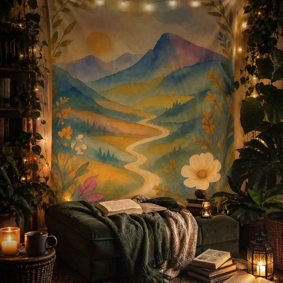 Watercolor Mountain Path Indoor Tapestry 50×60 | Botanical Landscape Wall Art
