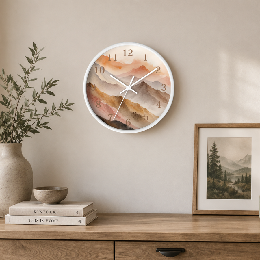 Watercolor Mountain Wall Clock – Terracotta, Blush & Taupe Landscape Decor