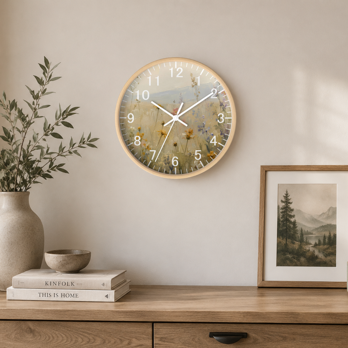 Wildflower Meadow Wall Clock – Soft Neutral Floral Decor
