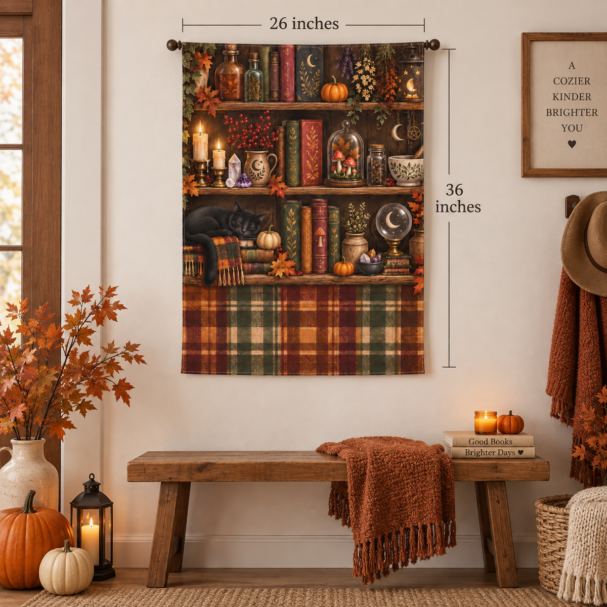 Witchy Bookshelf Tapestry 26×36 with books, potions, pumpkins and black cat