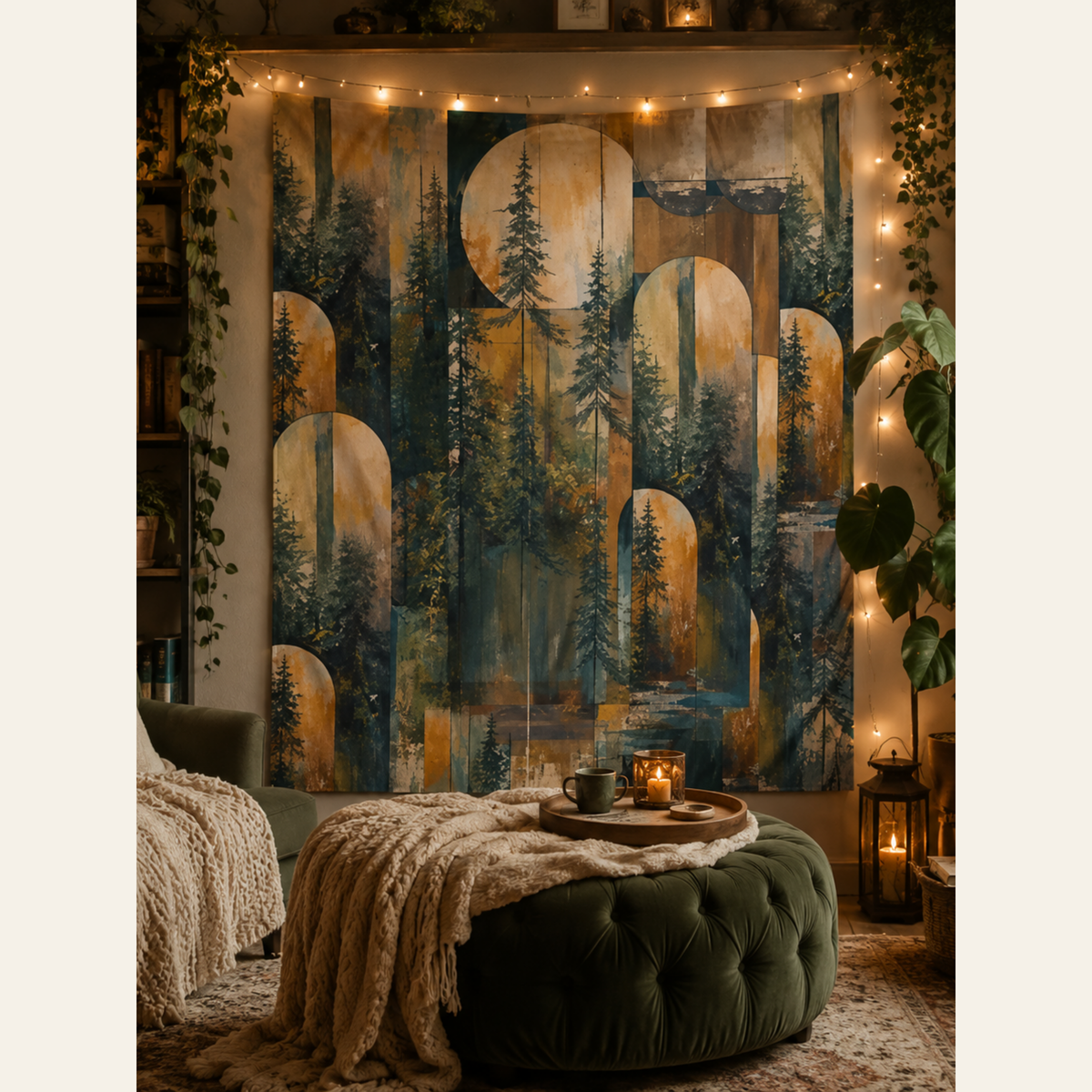 Abstract Geometric Forest indoor tapestry 50×60 square product mockup