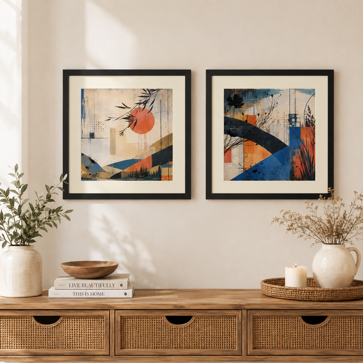 Abstract Sun and Botanical Framed Poster Set of 2 10×10 alternate street art wall art mockup