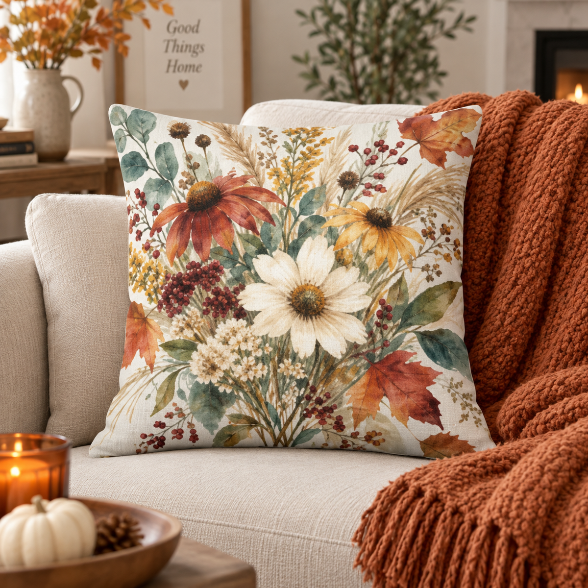 Autumn Wildflower Pillow 18×18 fall holiday decor mockup