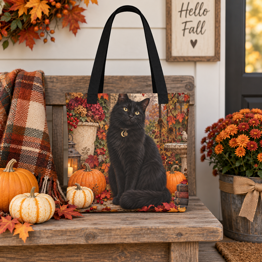 Black Cat in the Autumn Garden Tote Bag fall Halloween mockup