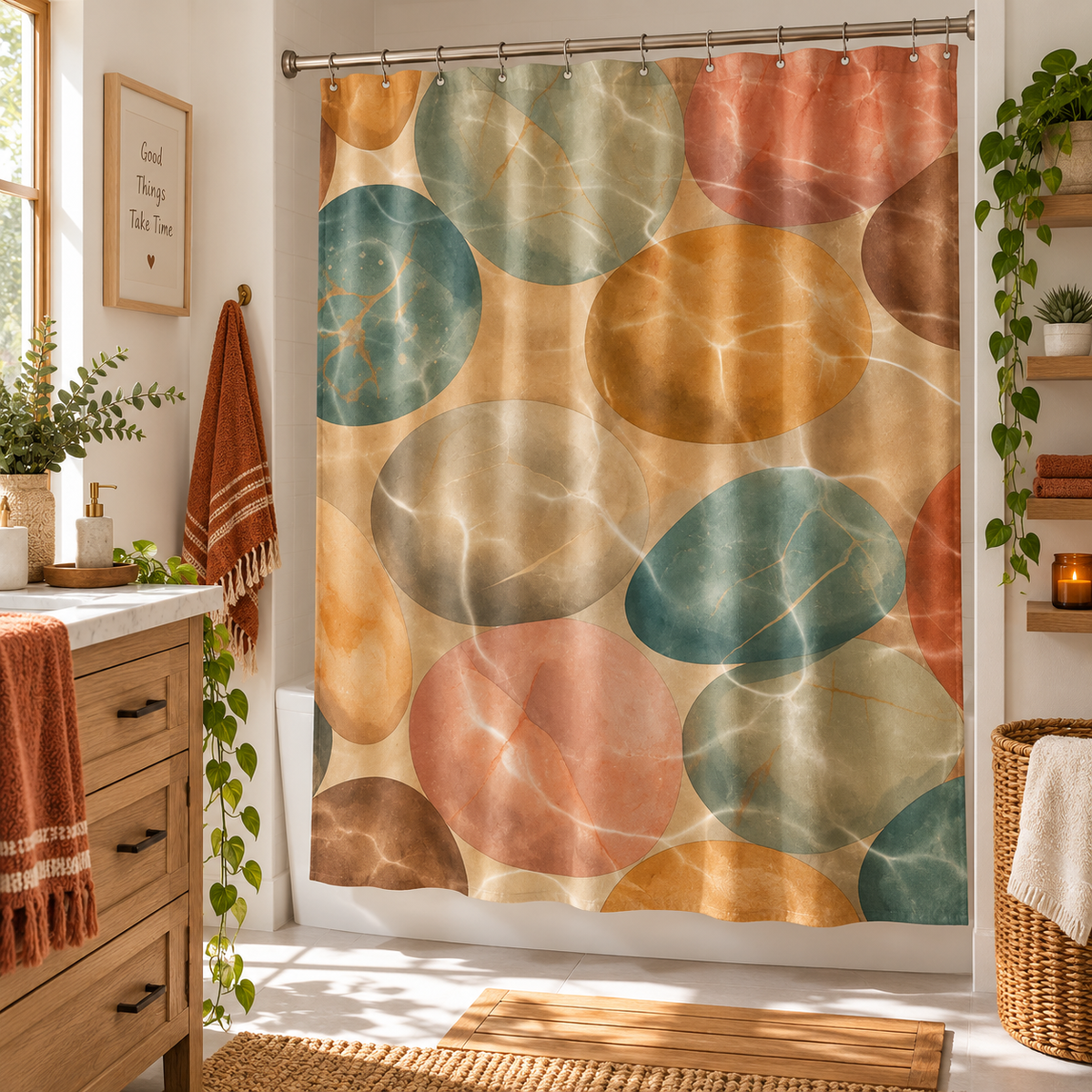 Boho River Stone Shower Curtain with retro earth-tone water ripple design bathroom mockup
