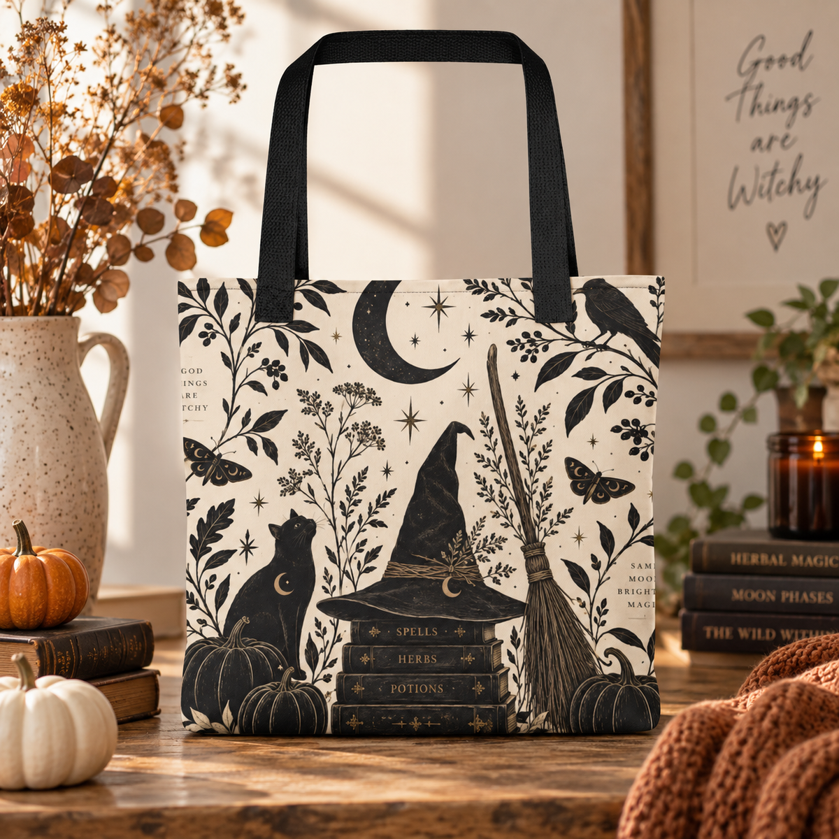 Boho Witchy Halloween Tote Bag with black cat moon and botanical artwork