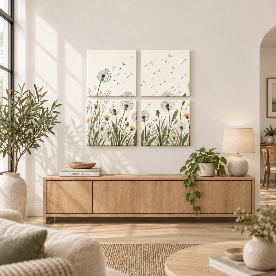 Dandelion Meadow 4-Piece Canvas Print Set 14×14 botanical wall art mockup