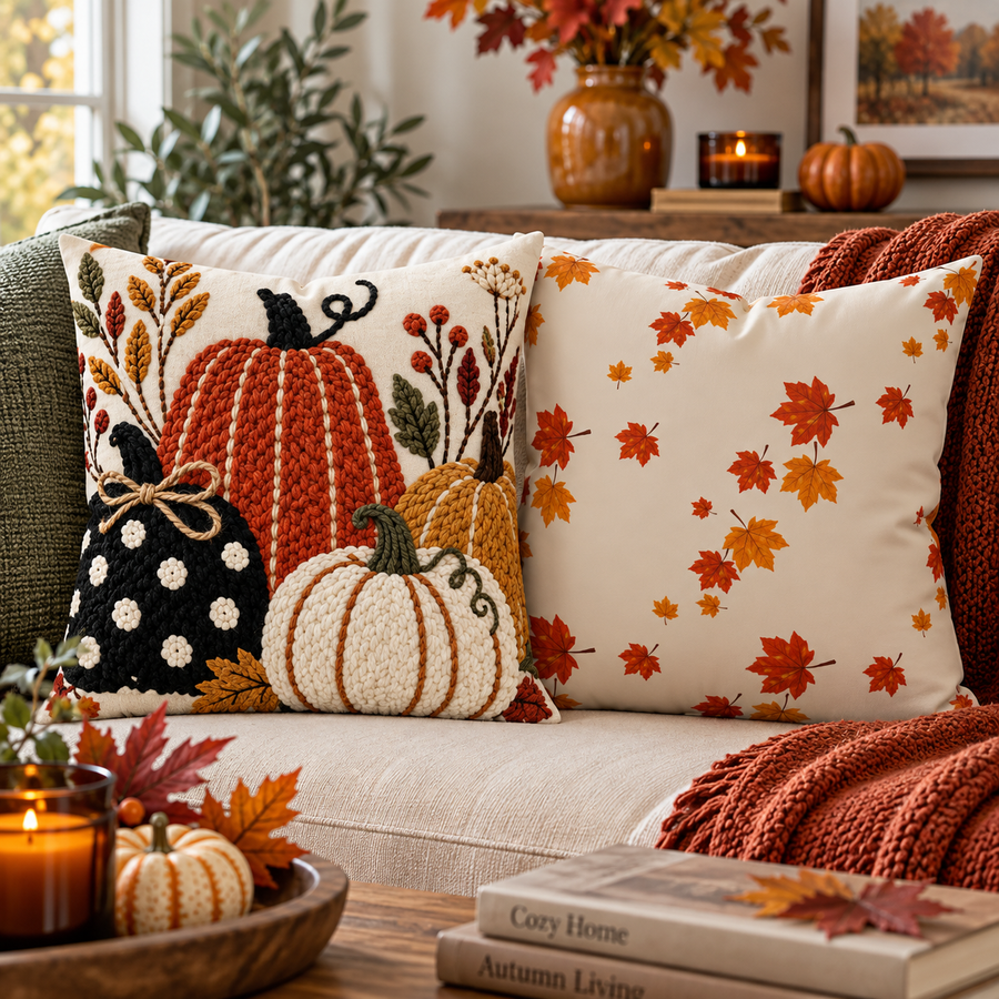 Embroidered-Look Pumpkin Pillow 18×18 | Fall Harvest Decor