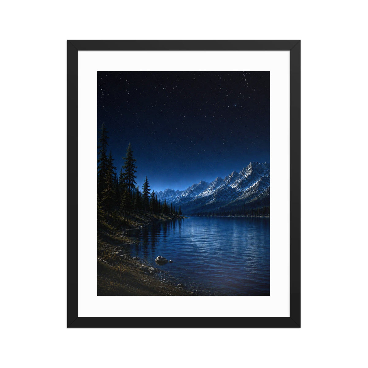 Starlit Alpine Wilderness framed poster with rugged snow-dusted mountains, evergreen forest, and a deep navy starry night sky
