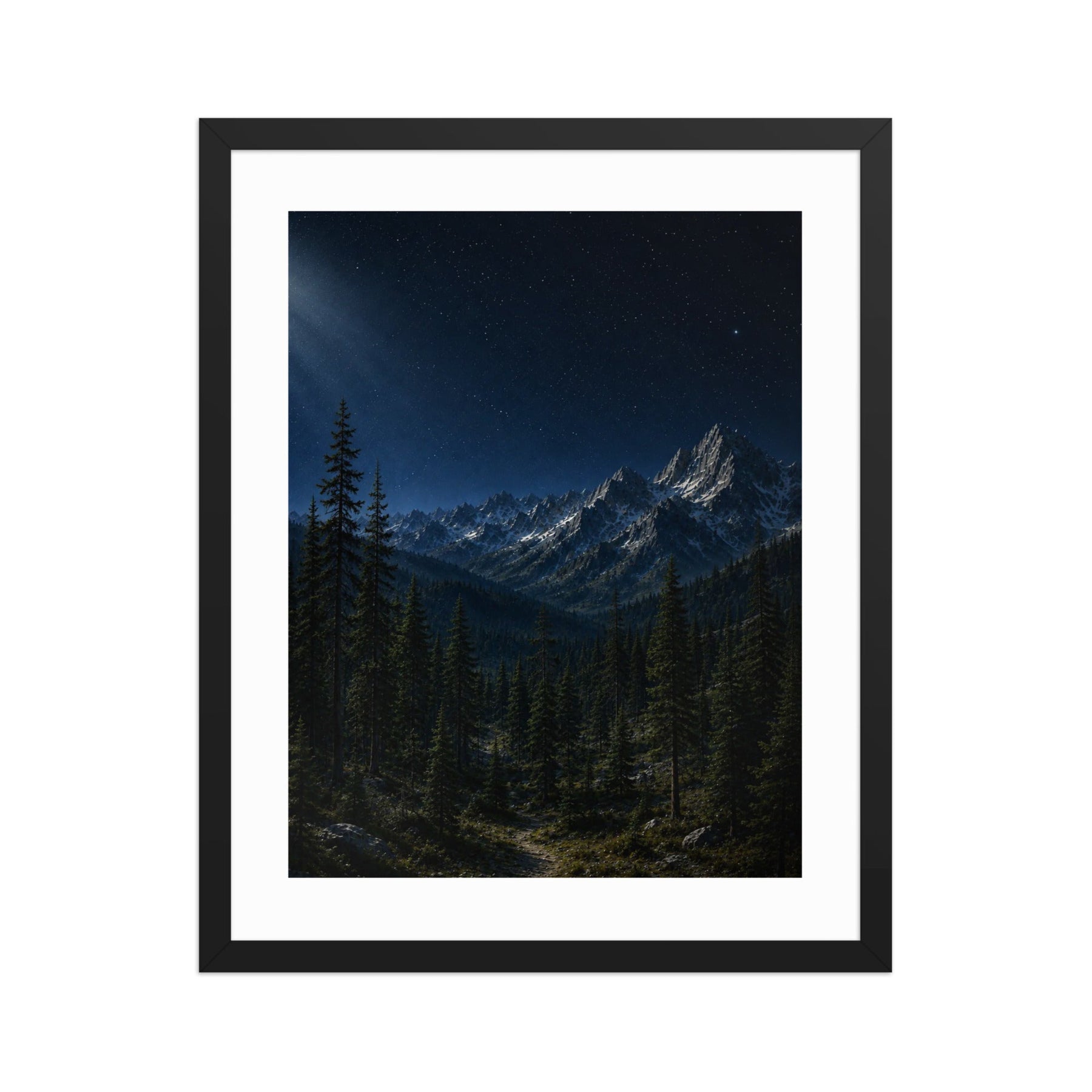 Starlit Alpine Wilderness framed poster with a peaceful mountain lake, evergreen trees, rugged alpine peaks, and a deep star-filled night sky