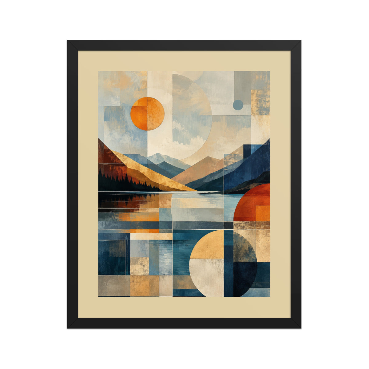 Geometric mountain lake abstract framed poster design one, 16×20