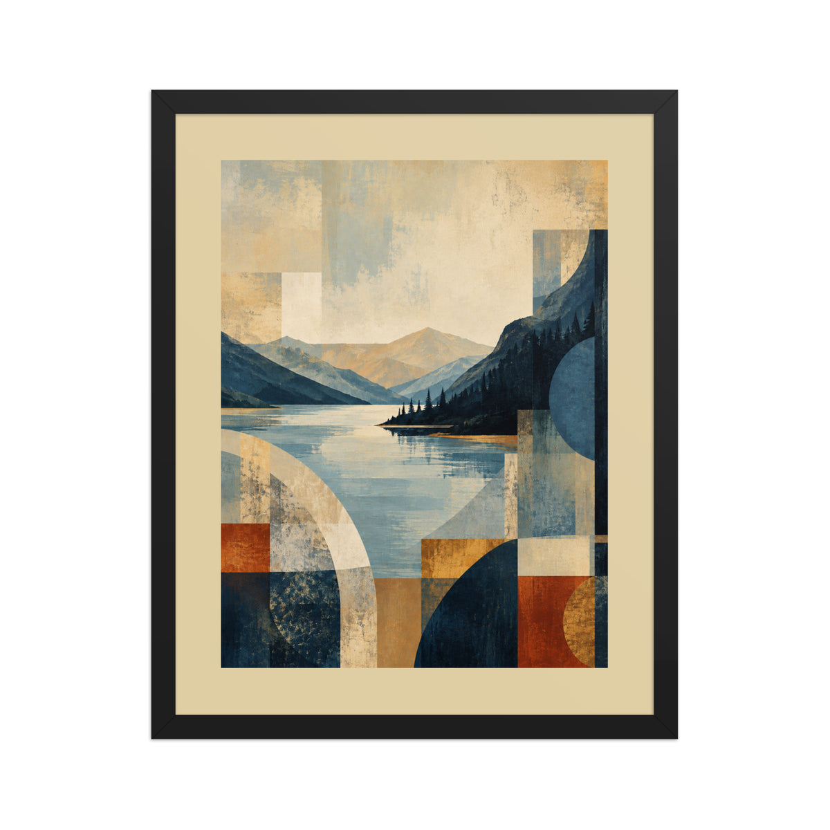 Coordinating geometric mountain lake abstract framed poster design two, 16×20