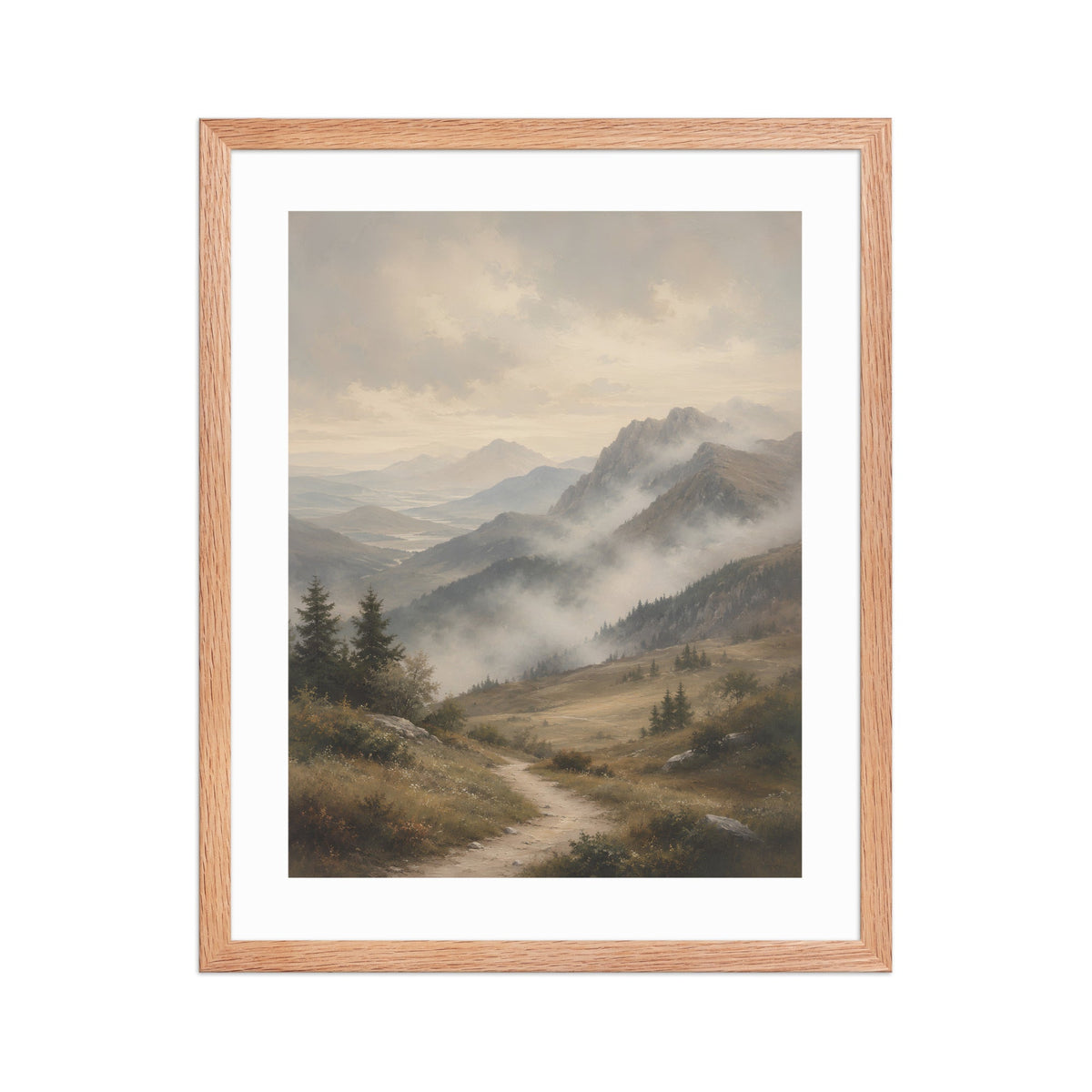 Foggy Mountains in Muted Earth Tones framed poster with a misty mountain valley, rugged slopes, and warm neutral earth tones