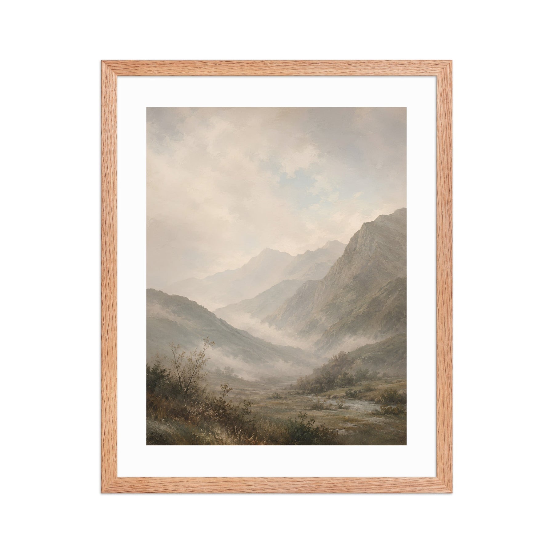 Coordinating foggy mountain framed poster with a winding trail, layered peaks, evergreens, and muted beige, gray, olive, and cream tones