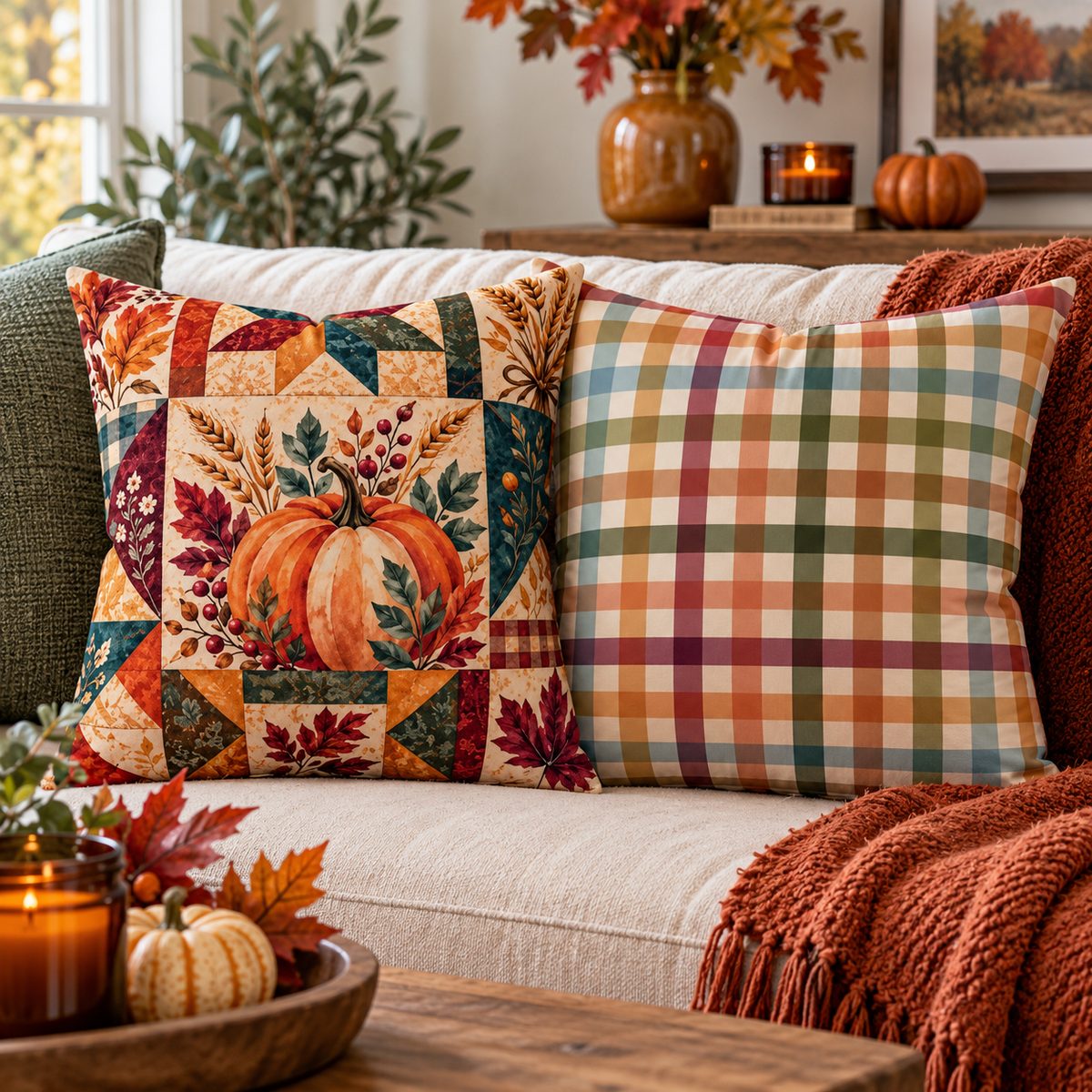 Harvest Patchwork Pillow 18×18 pumpkin fall decor mockup