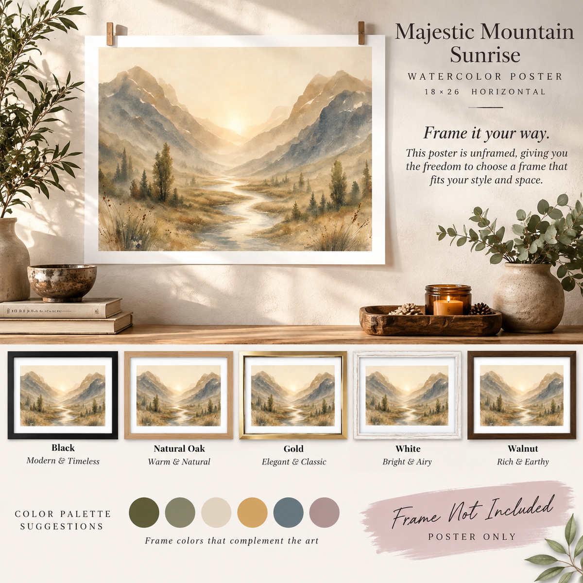 Majestic Mountain Sunrise Watercolor Poster 24×18 alternate horizontal wall art mockup