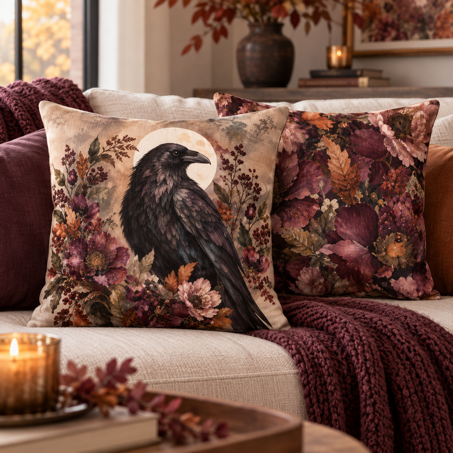 Midnight Raven and Wildflowers Pillow 18×18 moody autumn decor mockup
