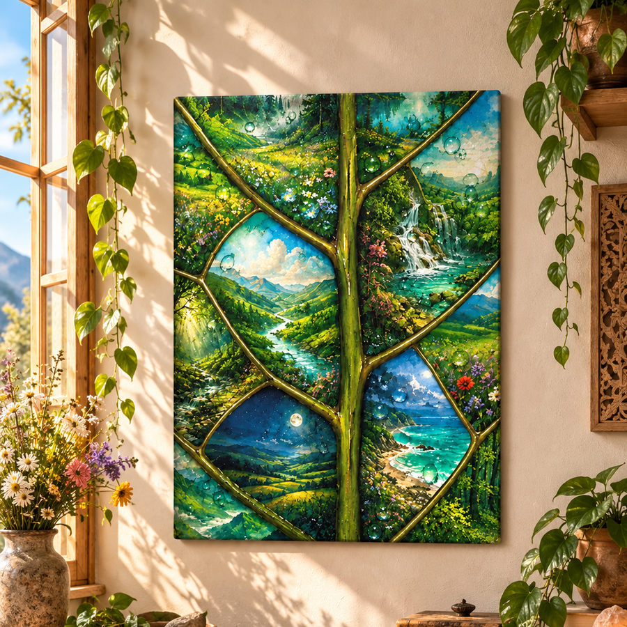 A large vertical canvas wall art print depicting a lush green forest landscape with winding rivers and waterfalls, styled in a warm, sunlit room with plants and wooden furniture.
