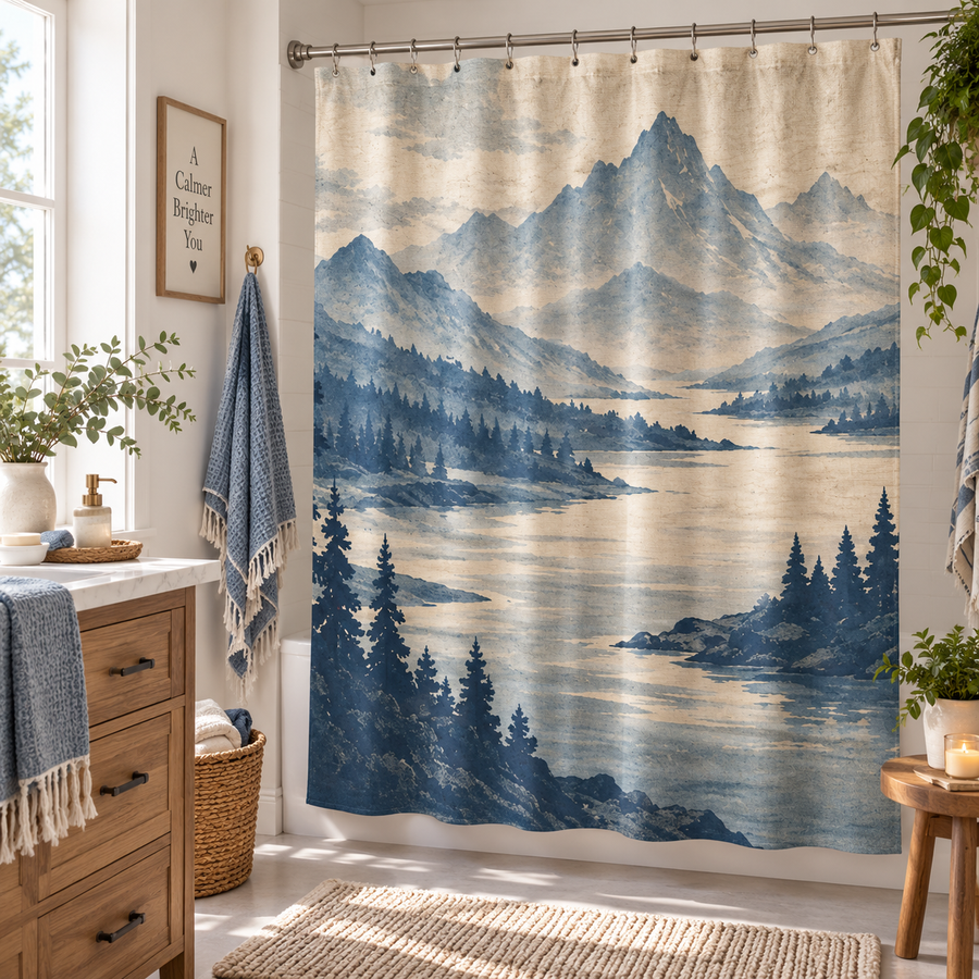 Blue Mountain Lake Shower Curtain mockup