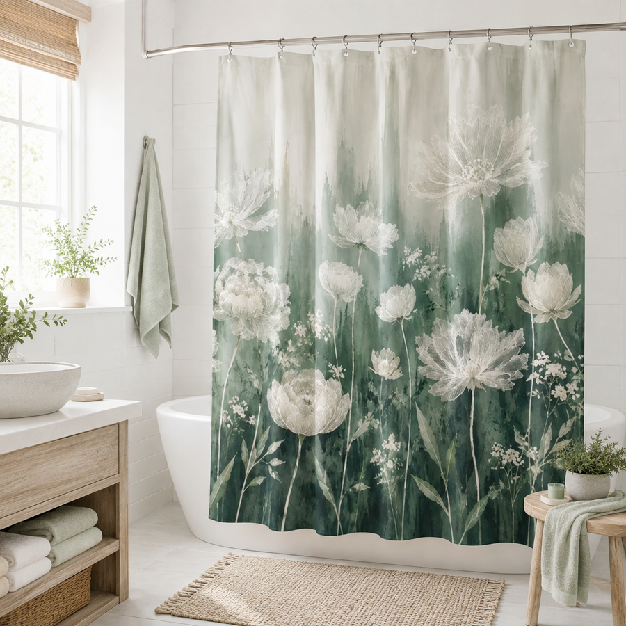 Sage Wildflower Shower Curtain mockup